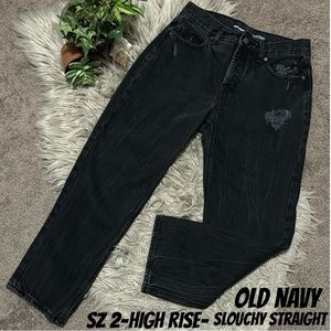 Old Navy Slouchy Straight-2-High Rise-Black-Button Fly-Vintage Wash